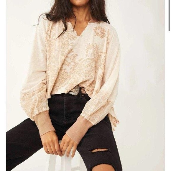 Free People True Perfection High Low Cotton Paisley Blouse in Almond Milk - Picture 1 of 10